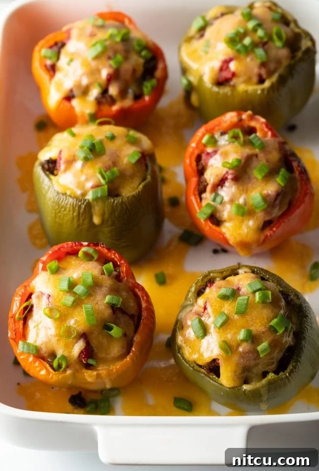 Savory No Rice Keto Beef Stuffed Peppers 11 Top view baked stuffed peppers with cheese and scallions.