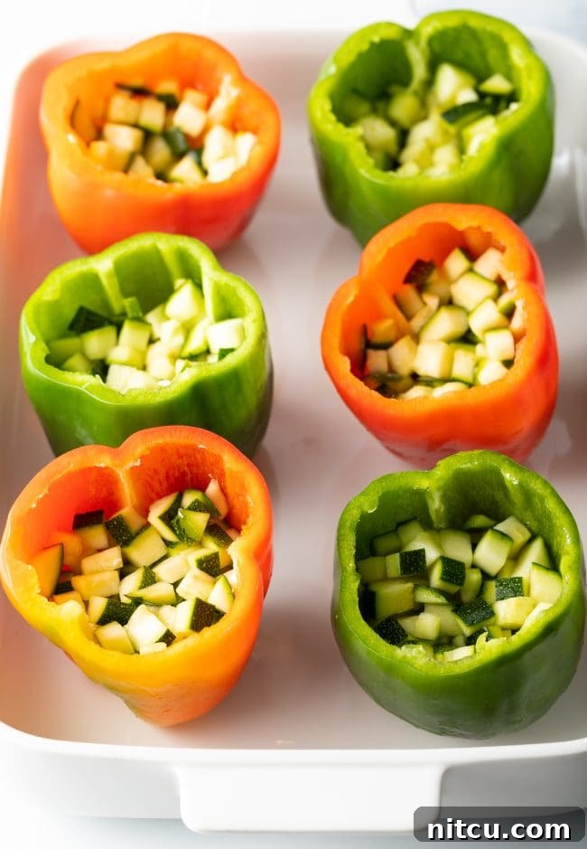 Savory No Rice Keto Beef Stuffed Peppers 7 Bell peppers loaded with diced zucchini.