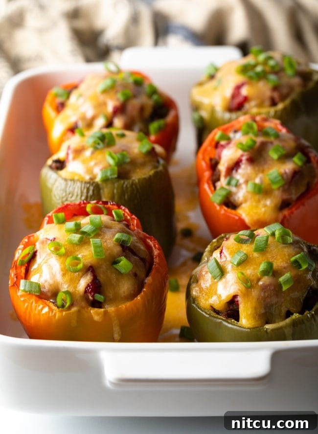 Savory No Rice Keto Beef Stuffed Peppers 10 Baked low carb keto ground beef peppers in a casserole dish.