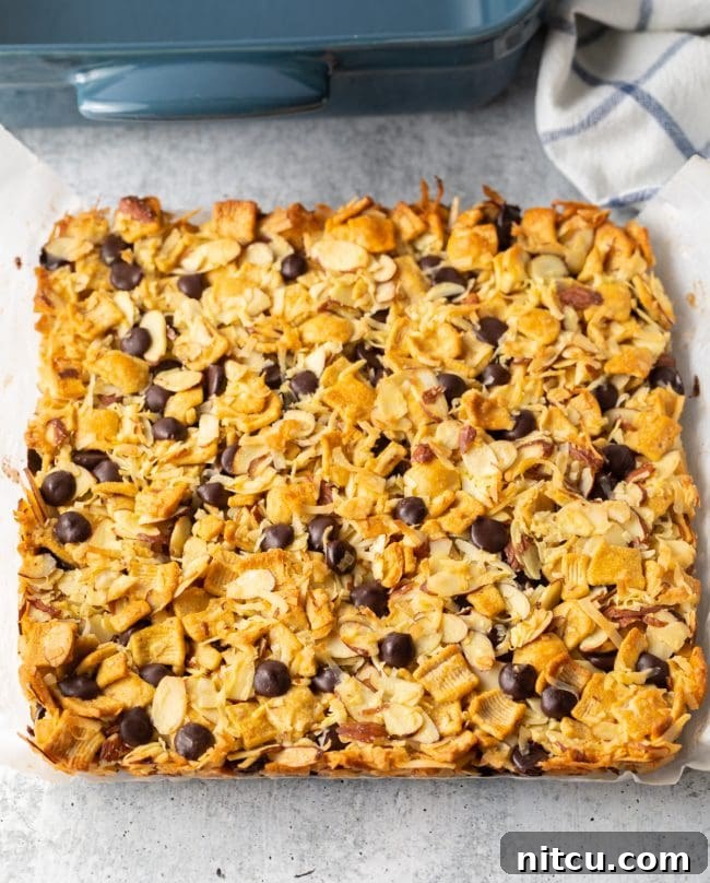 Baked keto snack bars in a solid square, carefully removed from the baking pan using parchment paper.