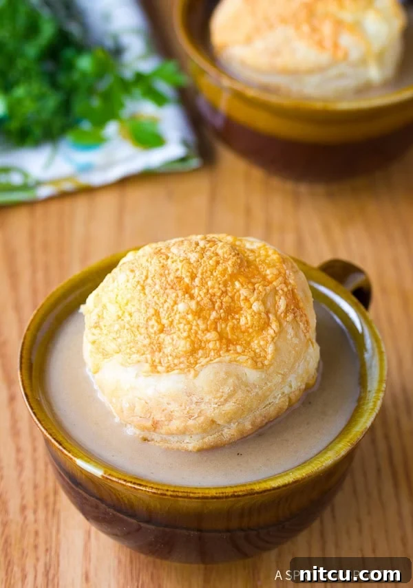 A mug of creamy French onion soup, elegantly topped with a delicate, golden cheese biscuit.