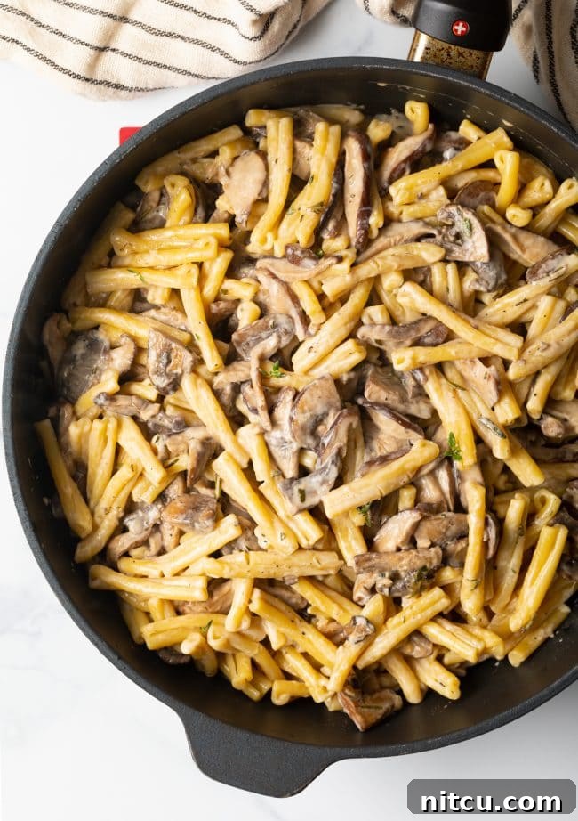 top view creamy gemelli mushroom pasta in a heavy skillet