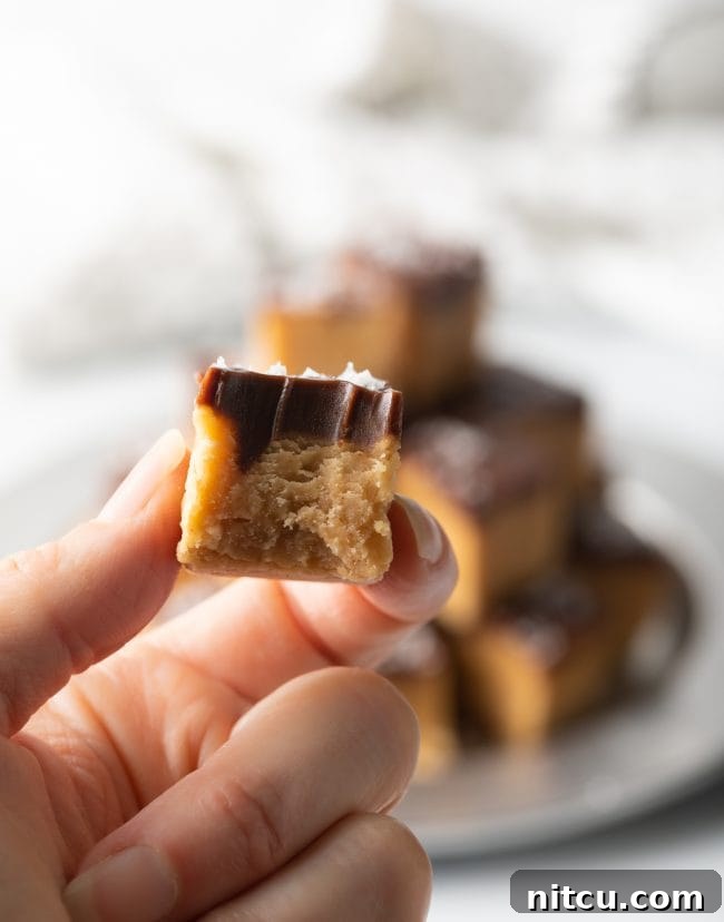 Peanut Butter Delights 5 A hand holding a piece of old-fashioned peanut butter candy with a chocolate top, showing a bite taken out, highlighting its soft texture.