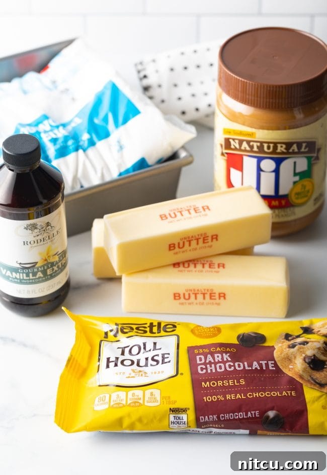 Peanut Butter Delights 6 A flat lay photograph showcasing all the recipe ingredients: creamy peanut butter, salted butter, semi-sweet chocolate chips, vanilla extract, and powdered sugar.