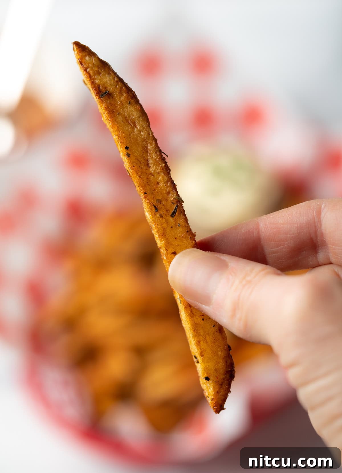 Cajun Fries: Homemade Seasoning Blend Recipe 12 Hand holding one spiced fry to camera.