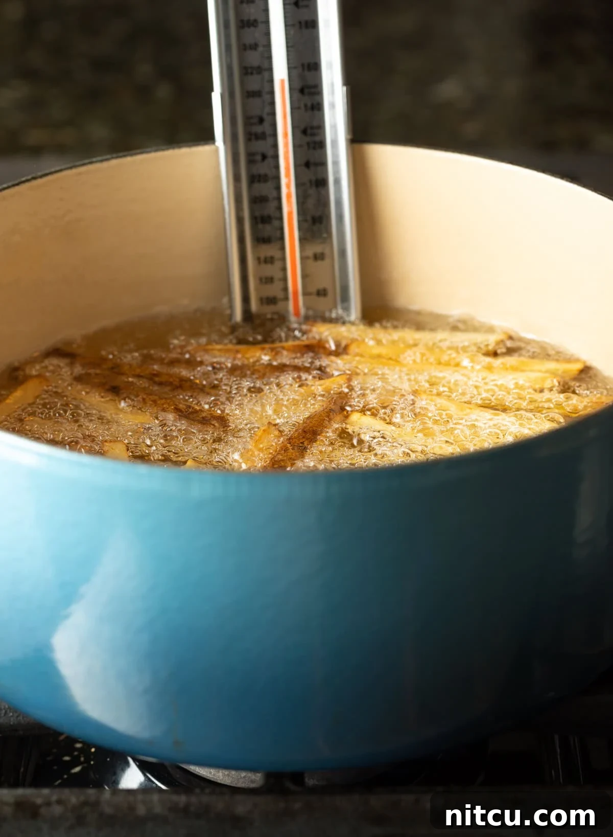 Cajun Fries: Homemade Seasoning Blend Recipe 9 Thermometer clipped to dutch oven filled with hot oil while frying potatoes.