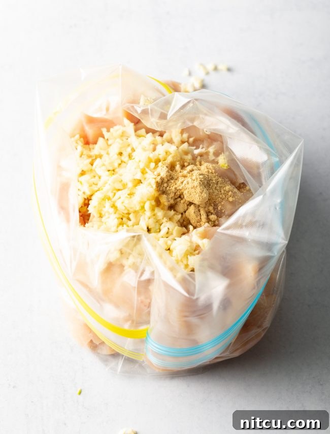 How to marinate garlic chicken: Ziploc plastic bag with ingredients inside.