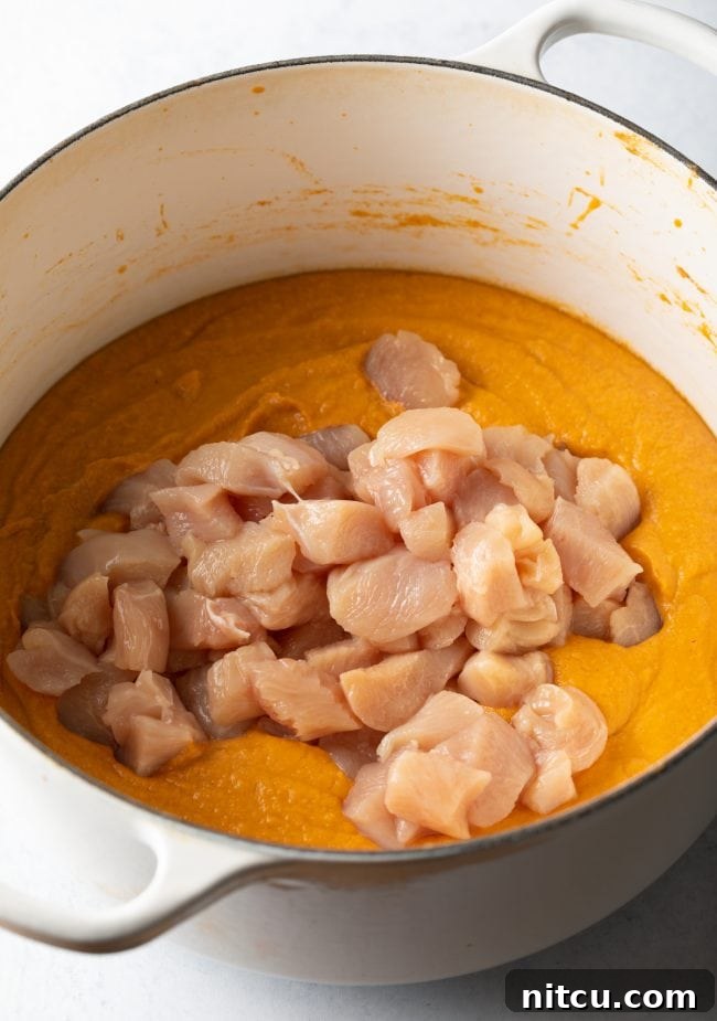 Authentic West African Maafe Peanut Stew 8 A large pot filled with the creamy Maafe base, with chunks of uncooked chicken added.