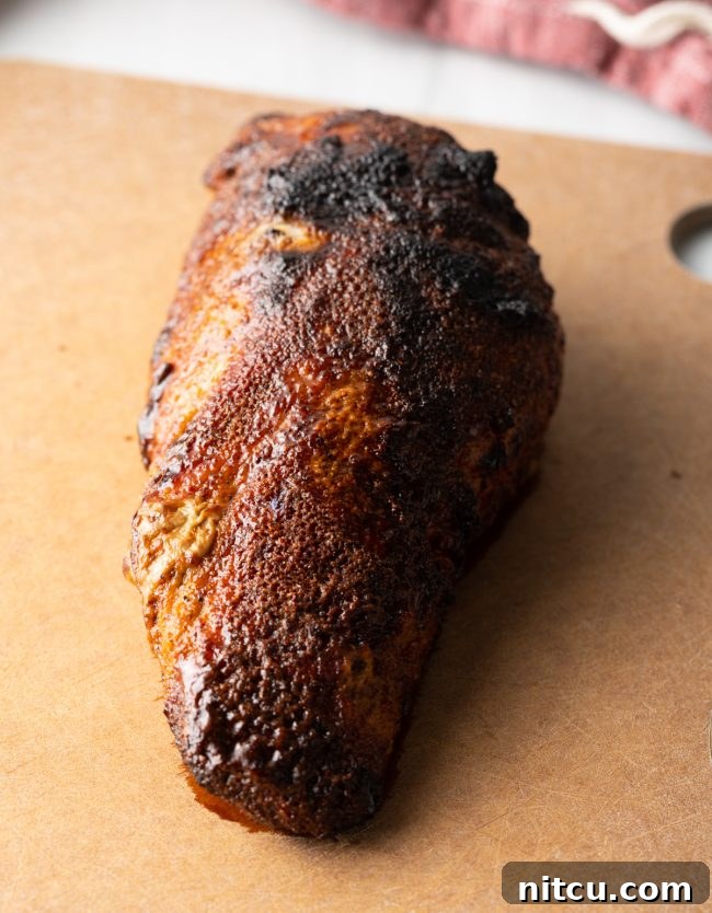 A beautifully crusted pork tenderloin resting on a wooden cutting board after being removed from the air fryer, allowing juices to settle.