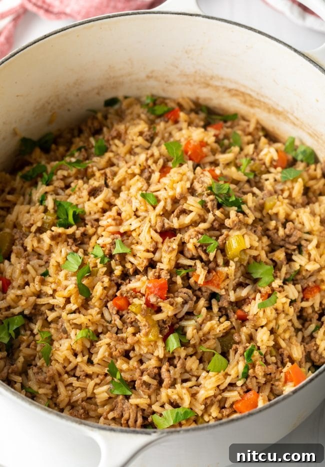 Soulful Cajun Dirty Rice 2 Top down view of Cajun dirty rice in a large pot, rich with meat and vegetables.