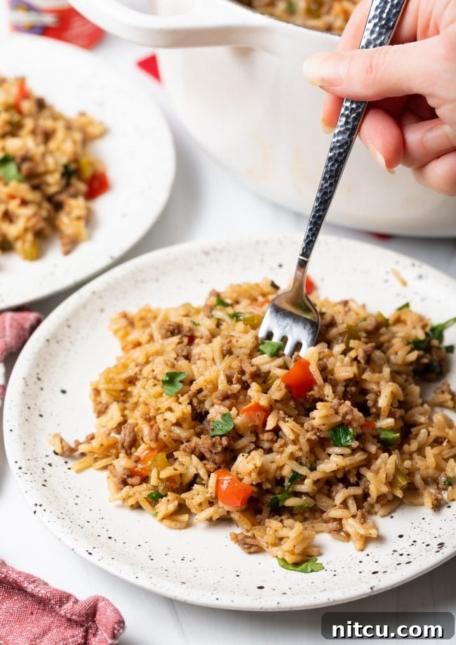 Soulful Cajun Dirty Rice 12 Plate of fried dirty rice with a hand taking a forkful, showcasing its rich texture.