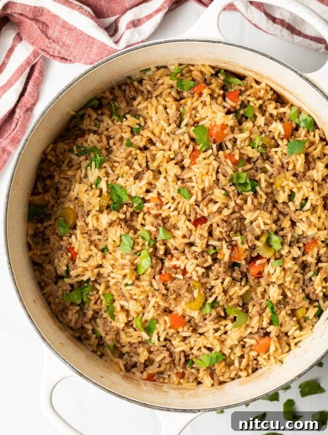 Soulful Cajun Dirty Rice 10 Top down view of a pot of creole rice sprinkled with fresh parsley.