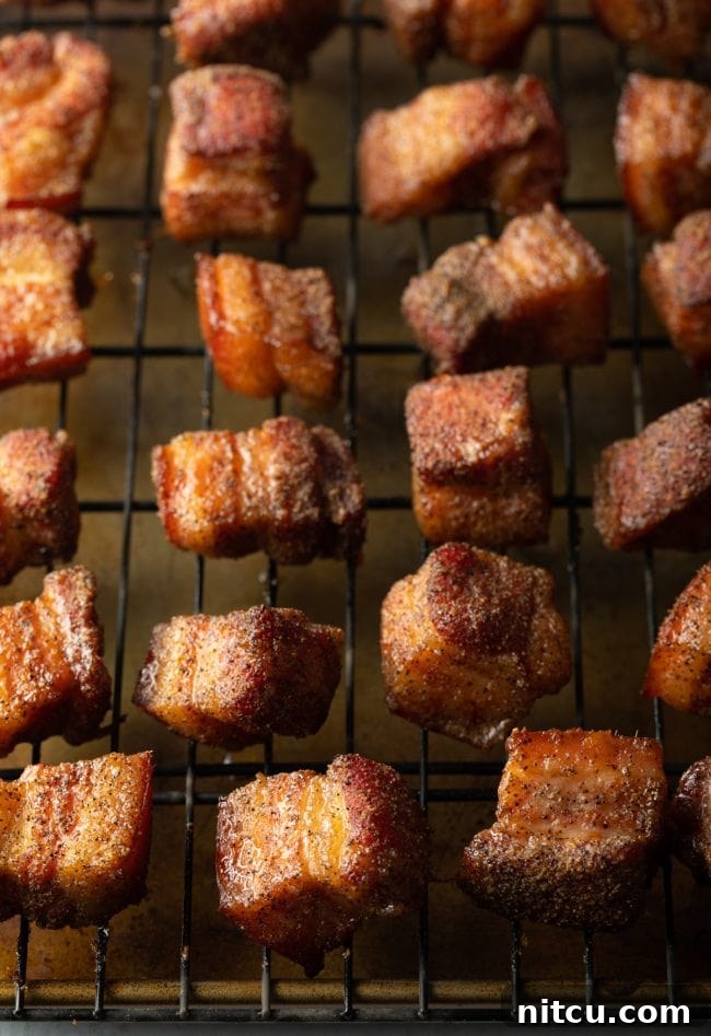 BBQ Pork Belly Candy Bites 4 Perfectly cubed and smoked pork belly burnt ends resting on a wire rack, ready for the next step.