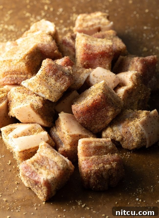 BBQ Pork Belly Candy Bites 7 Expertly seasoned pork belly bites, coated in a rich dry rub.