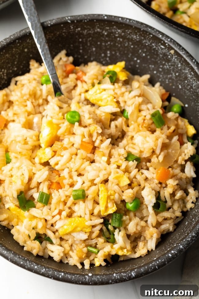 Perfect Homemade Hibachi Rice 15 Close top down view of veggie fried rice with egg and scallions in a bowl, perfect for a meal.