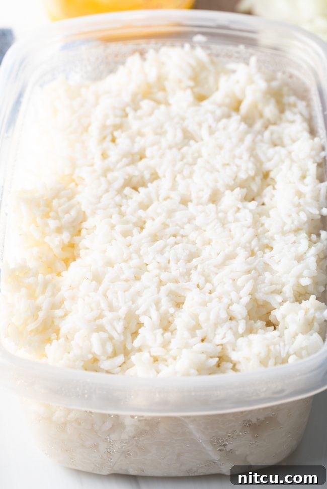 Perfect Homemade Hibachi Rice 7 Cooked white rice in a container, perfectly chilled for optimal texture.