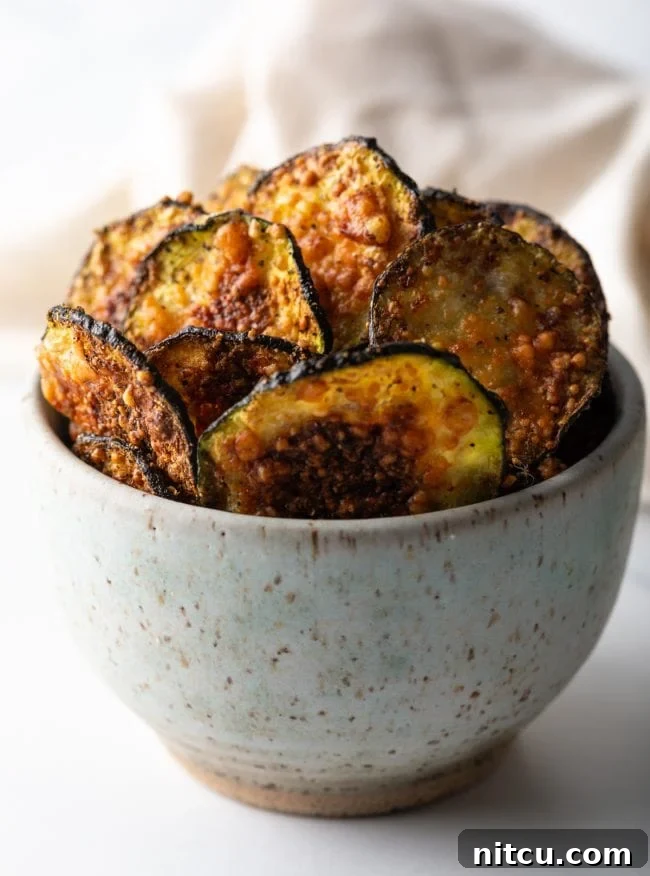 Crispy Air-Fried Zucchini Bites 2 Close view of a speckled bowl filled with freshly fried zucchini chips, garnished with herbs.