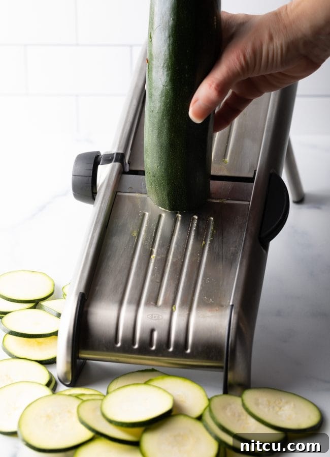 Crispy Air-Fried Zucchini Bites 5 A hand holding a whole zucchini, carefully slicing it into thin rounds using a metal mandoline slicer.