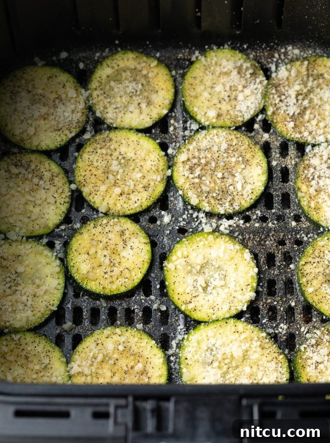 Crispy Air-Fried Zucchini Bites 8 Top-down view of raw, seasoned zucchini slices arranged in a single layer inside an air fryer basket, dusted with spices and parmesan cheese.