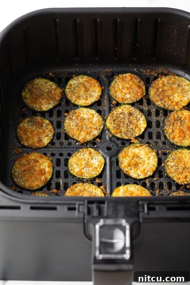 Crispy Air-Fried Zucchini Bites 9 Golden-brown zucchini slices fried in an air fryer, generously topped with melted parmesan cheese, ready to be served.