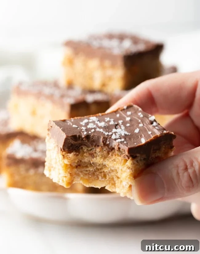 Peanut Butter Rice Krispie Treats 14 Hand holding Scotcharoo square with bite taken out, slightly away from camera.