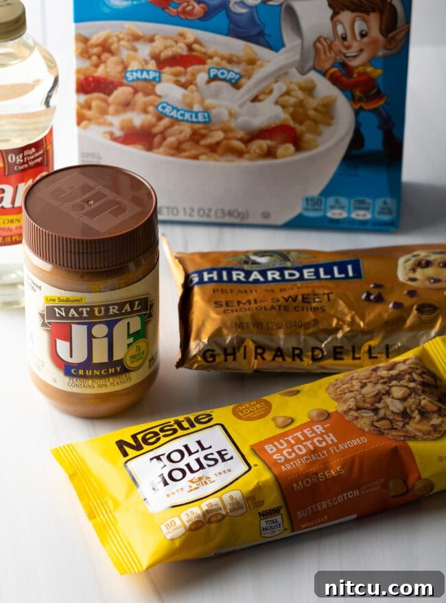 Peanut Butter Rice Krispie Treats 5 Ingredients needed: Crunchy peanut butter, chocolate chips, butterscotch chips, Rice Krispies cereal, and corn syrup.