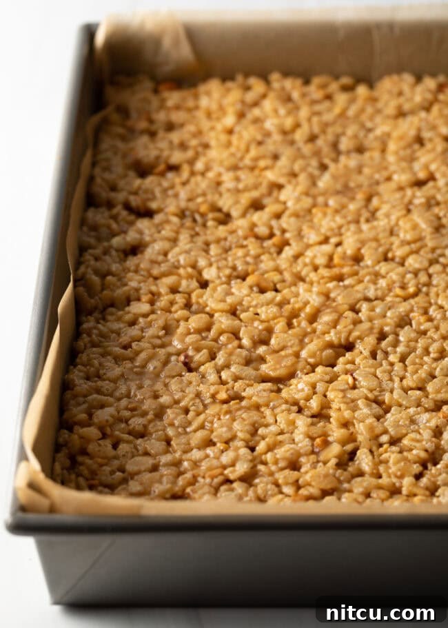 Peanut Butter Rice Krispie Treats 8 Crispy rice cereal, peanut butter, and butterscotch combo pressed into a pan.