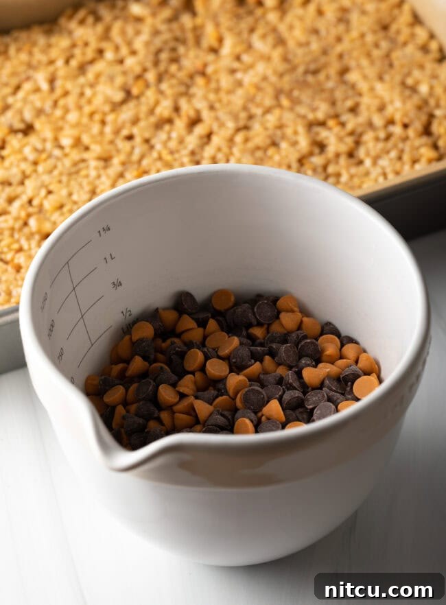 Peanut Butter Rice Krispie Treats 9 Bowl with butterscotch and chocolate chips.