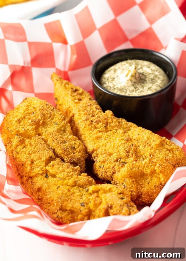 Crispy Corn-Crusted Fish 2 A rustic basket holding two pieces of perfectly golden cornmeal fried fish, accompanied by a small ramekin of creamy tartar sauce, ready to be enjoyed.