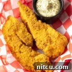A plate featuring two pieces of golden-brown cornmeal fried fish, with a side of tartar sauce and a lemon wedge.