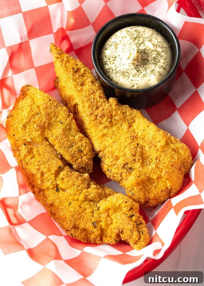 Crispy Corn-Crusted Fish 4 A top-down view of two beautifully fried pieces of cornmeal-crusted fish in a basket, with a small dish of tartar sauce on the side.
