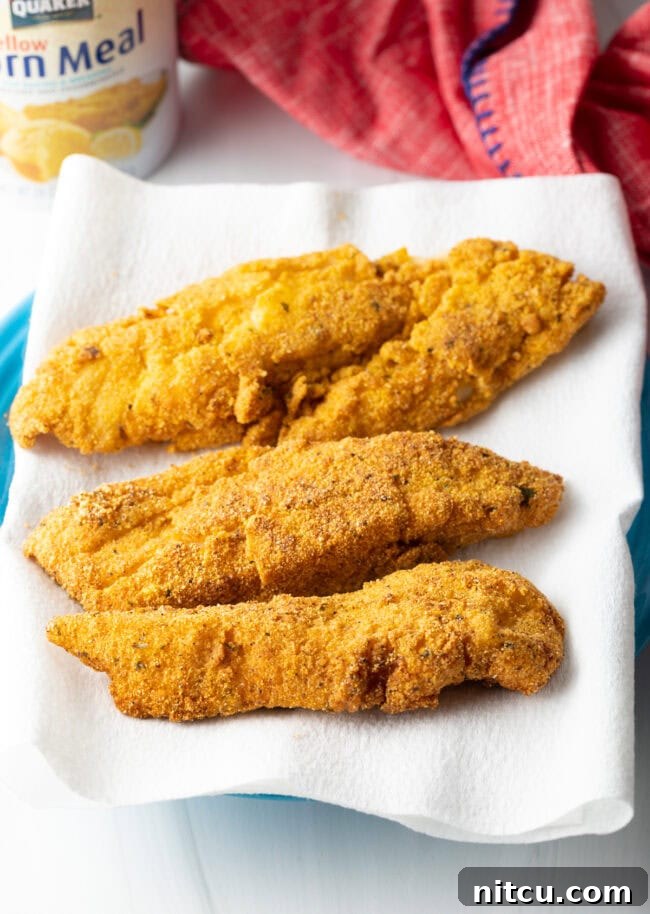 Crispy Corn-Crusted Fish 8 A fish fillet being dredged through a shallow pan of cornmeal seasoning, ensuring a full and even coating.