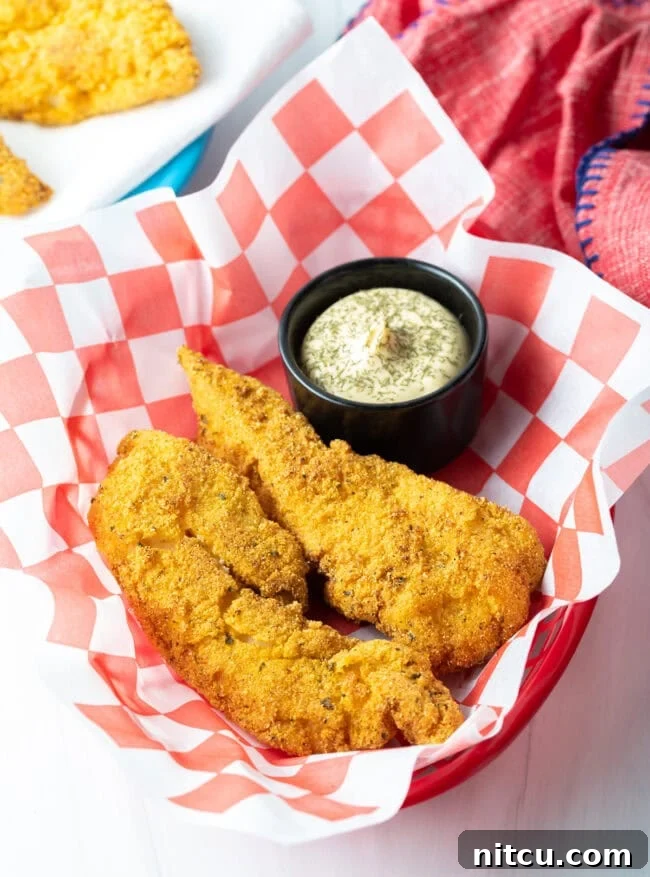 Crispy Corn-Crusted Fish 9 A rustic basket filled with golden-brown fried fish fillets, accompanied by a small ramekin of creamy tartar sauce.