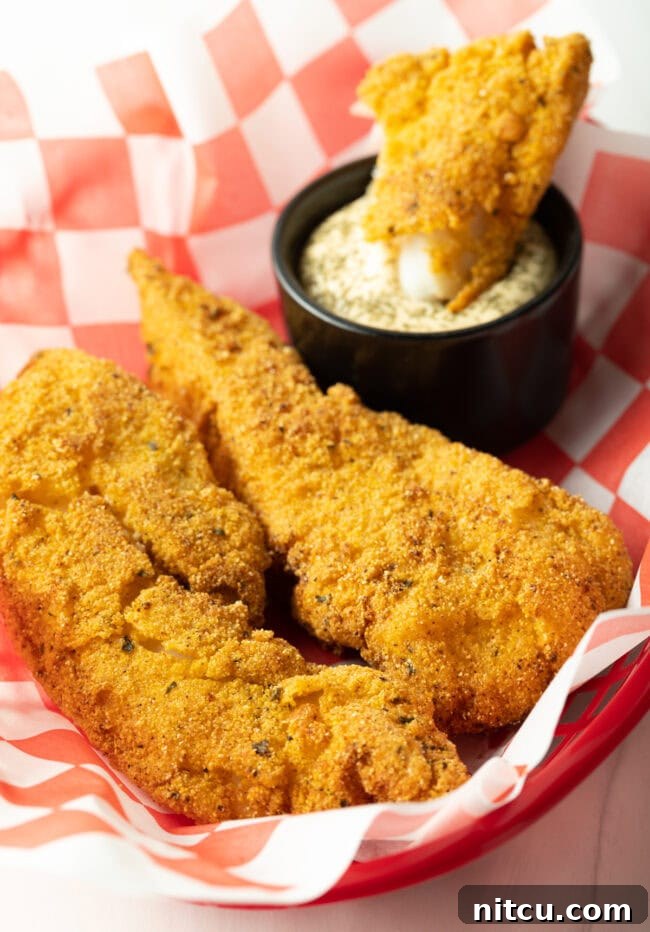 Crispy Corn-Crusted Fish 10 Close-up of two pieces of fried fish in a basket, with one piece being dipped into a ramekin of creamy tartar sauce.
