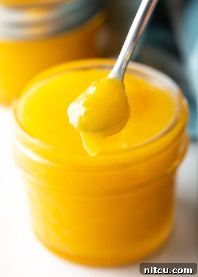 Sunshine Orange Curd 2 Orange Curd Recipe - Spoon holding orange curd to camera. A close-up shot of a spoon filled with luscious homemade orange curd, glistening and ready to be enjoyed. The rich, sunny color of the curd promises a burst of fresh citrus flavor, perfect for any meal or snack.