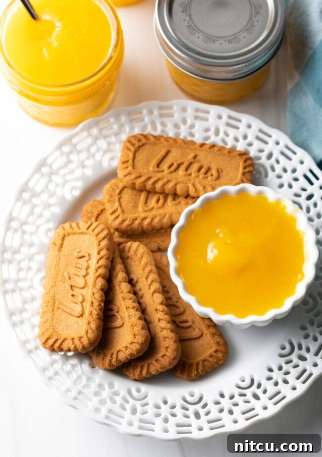 Sunshine Orange Curd 3 Top down view of plate with cookies and dish of fruit curd. A beautifully arranged top-down shot showing a selection of cookies alongside a small bowl of vibrant orange fruit curd. The warm hues of the cookies complement the bright citrus, creating an inviting scene.