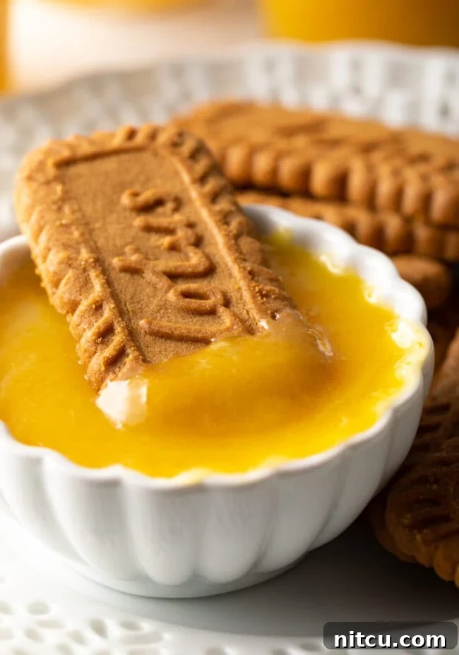 Sunshine Orange Curd 4 Close view small white dish with curd and cookie dipped. A close-up shot capturing a small white dish overflowing with golden orange curd, with a delicious cookie partially dipped into its creamy texture. This image highlights the curd's inviting consistency and its perfect pairing with baked goods.