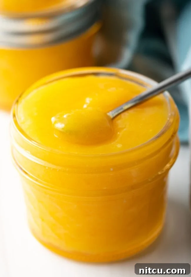 Sunshine Orange Curd 9 Finished jar of homemade orange curd with little spoon. A charming shot of a glass jar filled with luscious homemade orange curd, accompanied by a small spoon ready for tasting. The inviting texture and vibrant color signal a fresh, delicious spread, perfect for any occasion.