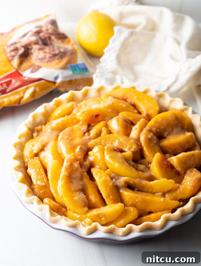 Anytime Peach Pie 11 Cutting cold butter into the crumble mixture with a pastry blender.