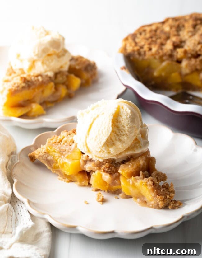Anytime Peach Pie 15 A delectable piece of peach crumble pie with a scoop of ice cream on top, ready to be enjoyed.