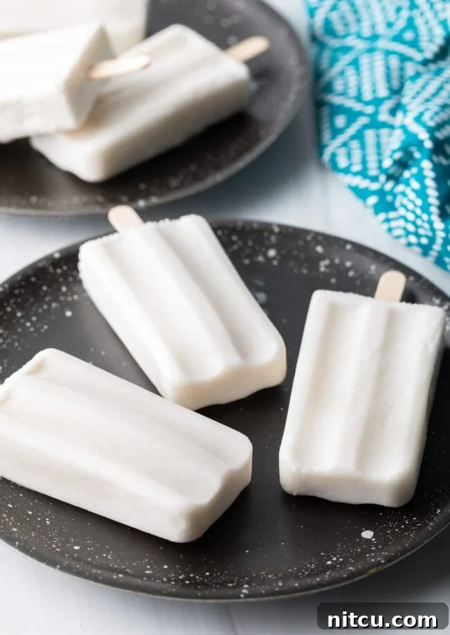 Creamy Dairy-Free Coconut Popsicles 2 Three perfectly frozen coconut milk popsicles arranged on a rustic plate, ready to be enjoyed.