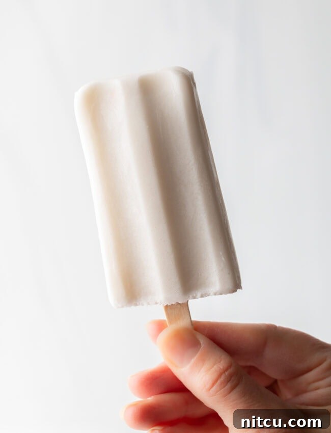 Creamy Dairy-Free Coconut Popsicles 9 A hand holding a freshly released coconut milk popsicle, perfectly frozen and ready to eat.