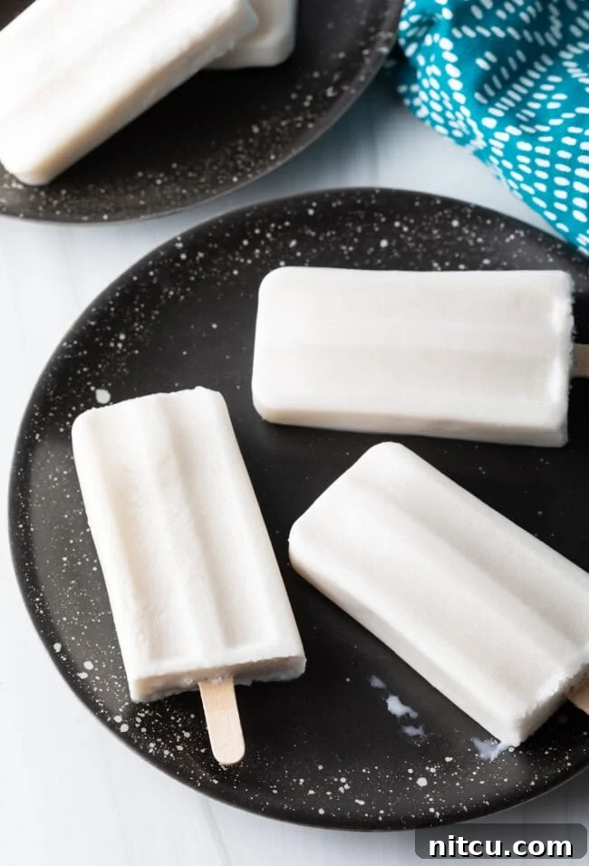 Creamy Dairy-Free Coconut Popsicles 10 A top-down view of three dairy-free coconut popsicles on a plate, showcasing their inviting texture and appearance.