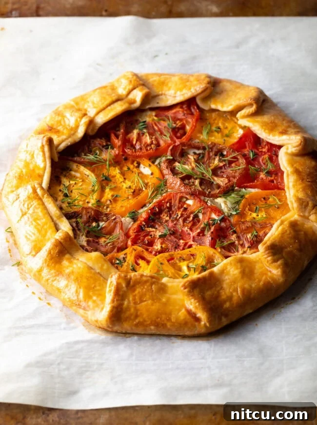 Rustic Italian Tomato Pie 2 Freshly baked Italian Tomato Pie, a savory galette with vibrant heirloom tomatoes and goat cheese, ready to be served.