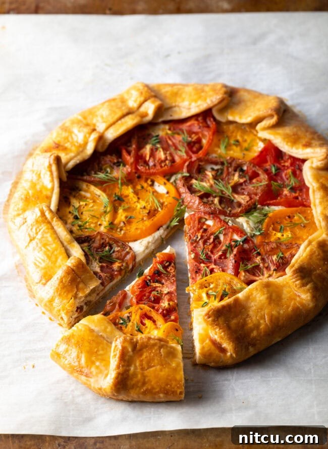 Rustic Italian Tomato Pie 11 Savory crostata on baking paper, one slice moved to the side, showcasing its delicious layers and rustic charm.
