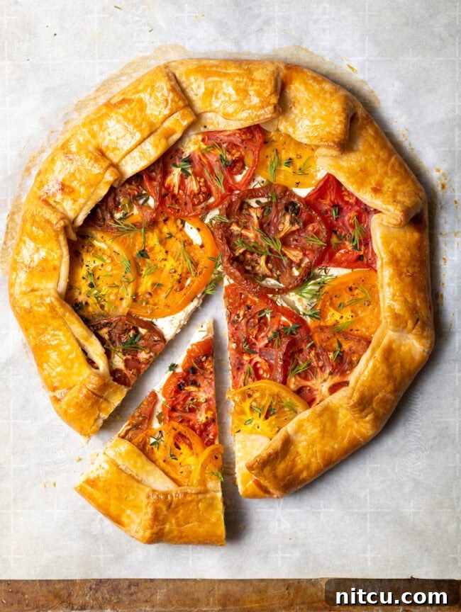 Rustic Italian Tomato Pie 3 Top view of a baked savory tomato crostata with one slice gently pulled away, revealing the creamy goat cheese layer.
