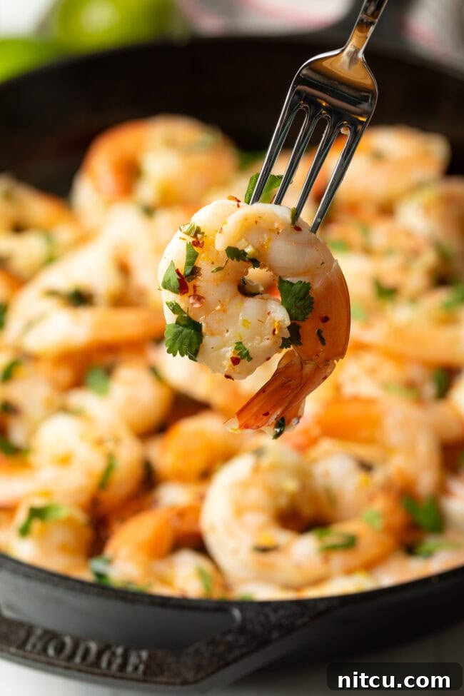 Fork holding cooked tequila lime shrimp to camera.