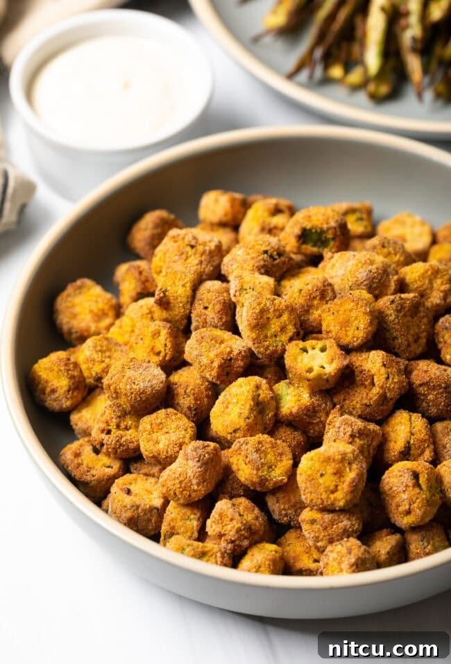 Crispy Air Fryer Okra Fries 12 Bowl of crunchy breaded fried okra.