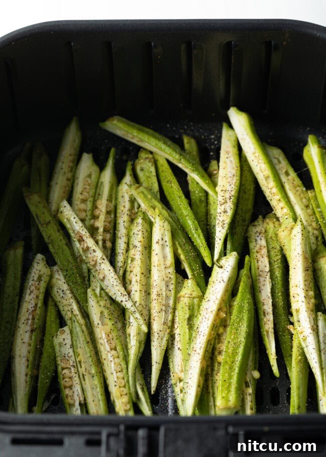 Crispy Air Fryer Okra Fries 14 Raw slices of okra in fryer basket.