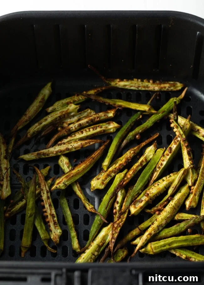 Crispy Air Fryer Okra Fries 15 Thin okra pieces in the air fryer.